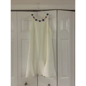 Trina Turk White Embellished Floral Neckline Flounce Hem Shift Dress Size 4